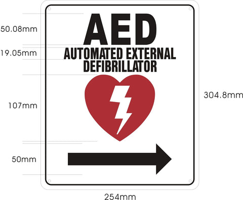 AED sign with black text, red heart and lightning bolt, and a rightward arrow on white background.