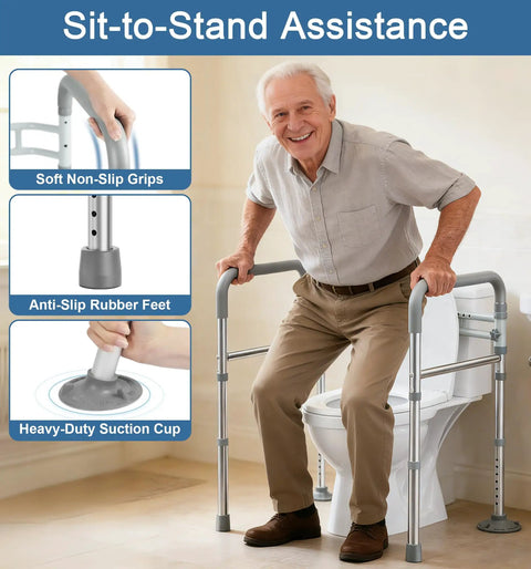 Rock Solid Adjustable Toilet Safety Rail And Grab Bar For Seniors, Supports Up To 350 Pounds, with soft grips and anti-slip feet.