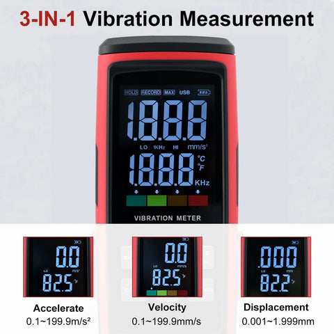 3 In 1 Digital Vibe Meter With Magnetic And Long Probes For ISO 10816 Analysis, red handheld vibration meter display