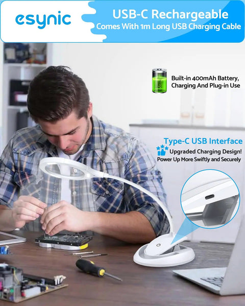 Man using Go To Lighted Desk Magnifier with Clamp and Heavy Base, USB C Rechargeable, 5X and 10X Magnification, 4.3 Inch Large Lens