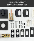 Square Deadbolt Matte Black Single Cylinder Lock For Front Door Keyed On One Side With Inside Turn Lock Easy Screwdriver Install Modern Sleek Exterior Security Upgrade For Home Front Entry set components.