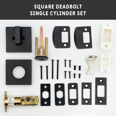 Square Deadbolt Matte Black Single Cylinder Lock For Front Door Keyed On One Side With Inside Turn Lock Easy Screwdriver Install Modern Sleek Exterior Security Upgrade For Home Front Entry set components.