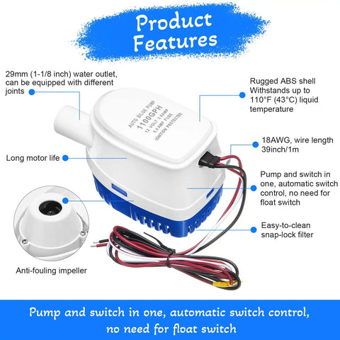Two Pack 12V Auto Bilge Pumps With Built In Switch No Float Switch Required 1100 GPH Submersible Boat Bilge Water Pump