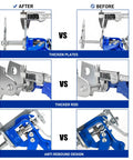 Comparison of Quad Piston Brake Caliper Press Tool For Quick Replacement Of Single Dual And Quad Calipers, showing thicker plates and rod.