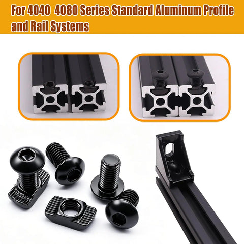 M8 T Slot Nuts Bolts And Heavy Duty Washers Assortment Kit With Hex Wrench For 4040 And 4080 Extrusions, showcasing aluminum profiles and black screws.
