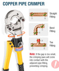 Pro Grade Beefy Hydraulic Copper Tube Fittings Press Tool Kit with rotating head crimp tool, shown with copper fitting examples.