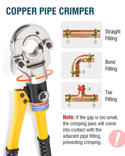 Pro Grade Beefy Hydraulic Copper Tube Fittings Press Tool Kit with rotating head crimp tool, shown with copper fitting examples.