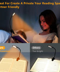 Rechargeable Clip On Book Light With Eye Care 3 Color Temperatures in use for cozy bed reading.