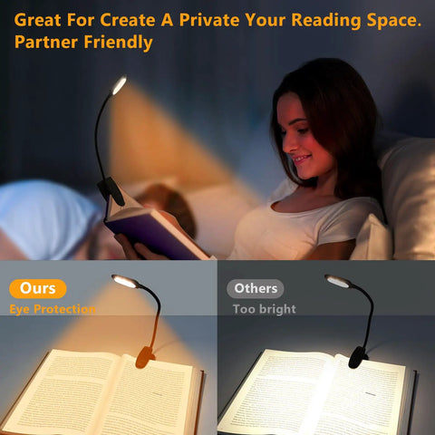 Rechargeable Clip On Book Light With Eye Care 3 Color Temperatures in use for cozy bed reading.