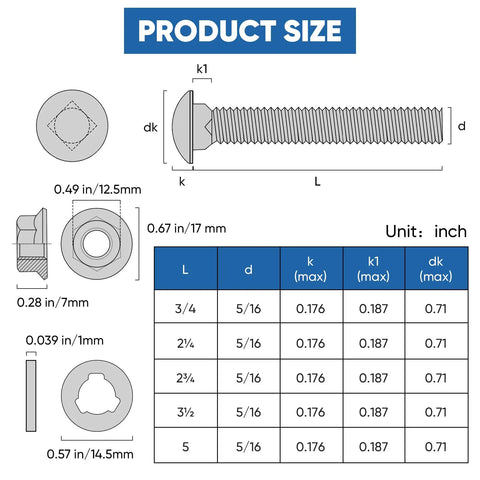 Product size chart for Heavy Duty Wheelbarrow Bolts And Nuts Kit with dimensions in inches, including bolt and nut profiles.