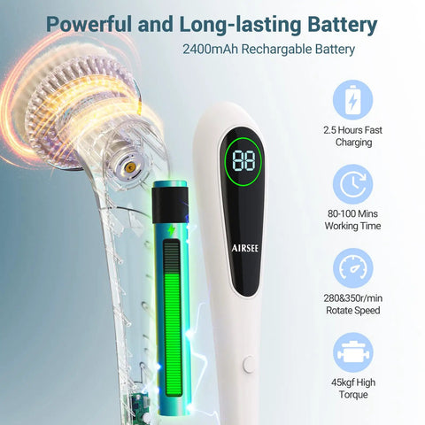 Cordless Spin Scrubber With LED Display Clean Like A Boss In No Time 350 RPM Power 9 Replaceable Heads showing battery life