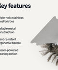 Deluxe Grill Brush And Scraper With Long Handle For Tough BBQ Residue, showcasing stainless steel bristles and scraper edge.