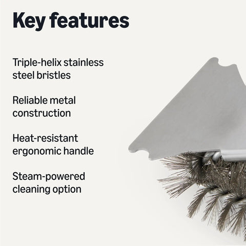 Deluxe Grill Brush And Scraper With Long Handle For Tough BBQ Residue, showcasing stainless steel bristles and scraper edge.