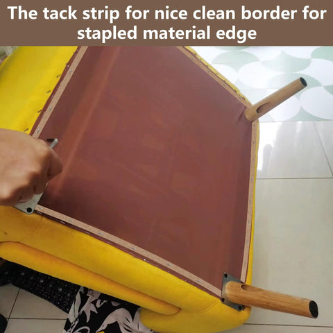 Rock Solid 33 Yards Upholstery Tack Strips For Couch Furniture Edge Fixation Heavy Half Inch Kraft Paper Trim Tape applied to a furniture edge.