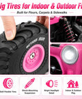 Close-up of Pink RC Monster Truck For Girls With Two Rechargeable Batteries, showing big tires and pink truck details.
