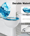 Round Toilet Seat Replacement, Slow-Close, Bathroom with blue marbled resin design and stainless steel hinges.
