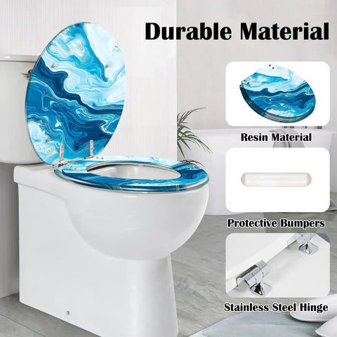 Round Toilet Seat Replacement, Slow-Close, Bathroom with blue marbled resin design and stainless steel hinges.