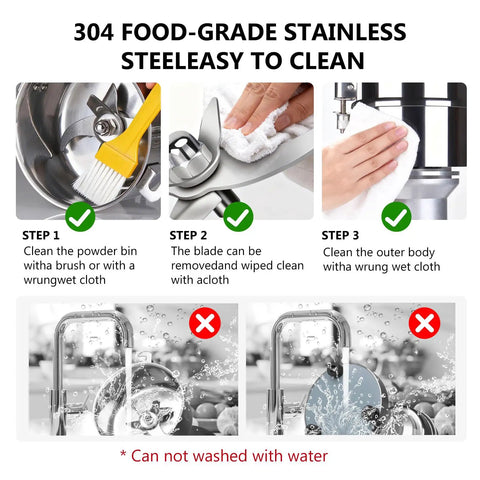 Cleaning instructions for 2000W Stainless Steel Electric Grain Grinder For Commercial Use, not washable with water.