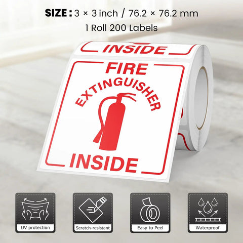 Roll of 200 Pcs Self Adhesive 3 Inch Waterproof Vinyl Fire Extinguisher Inside Stickers For Fire Cabinets Trucks Warehouses Offices Equipment Durable Decals For Industrial Use