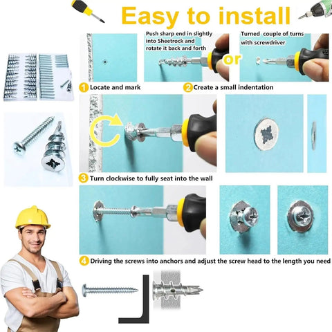 Self Drilling Drywall Anchors With Screws Kit 50 Sets Heavy Duty Wall Mount Anchors For Hanging Cabinets Shelves TVs And More No Fuss Install With Rust Resistant Yellow Zinc Finish, install steps