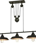 Three Light Indoor Island Pendant With Pulley Design In Oil Rubbed Bronze Finish Vintage Industrial Lighting Fixture With Metallic Interior Adjustable Height For Kitchen Island Or Bar.