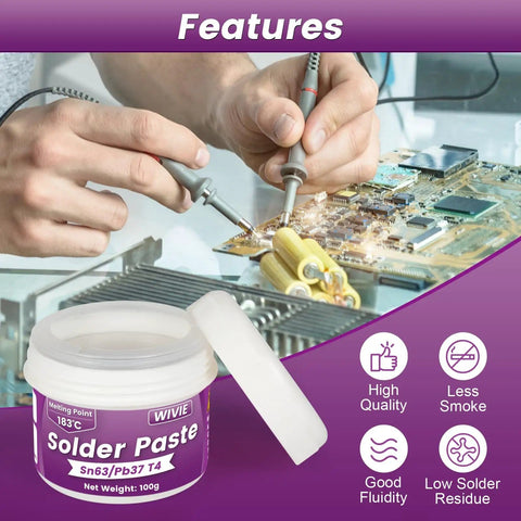 Pro Grade Sn63 Pb37 Solder Paste With T4 20-38 Micron Particles And 183 C Melting Point For Electronics PCBs And BGA Soldering No Clean Flux Ready To Use 100G jar with features icon