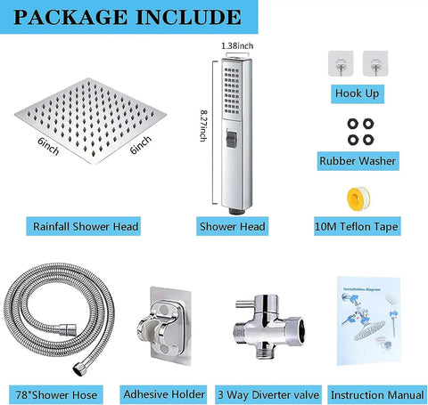 Dual Shower Heads With Handheld Spray Combo, 6 Inch Square Rain Shower Head With 78 Inch Stainless Steel Hose, parts included