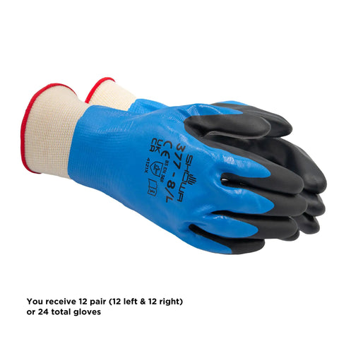 Stacked nitrile foam fully coated general purpose work gloves with poly nylon liner, 13-gauge XL, 12 pair, latex free, blue and black