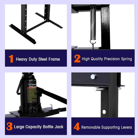 Heavy Duty 12 Ton Hydraulic Shop Press Compact H Frame Bearing Press Machine Garage Auto Repair Bench Mounted Workshop Tool features a steel frame, precision spring, and large bottle jack.