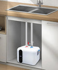 10 Liter Electric Hot Water Heater Delivering Kickin Heat With 1.5 Kilowatts Of Instant Warmth installed under sink in kitchen