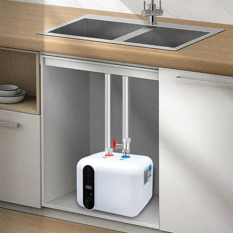 10 Liter Electric Hot Water Heater Delivering Kickin Heat With 1.5 Kilowatts Of Instant Warmth installed under sink in kitchen