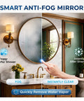 Smart anti-fog mirror demonstration in bathroom, showing foggy vs instantly clear view with elegant fixtures.