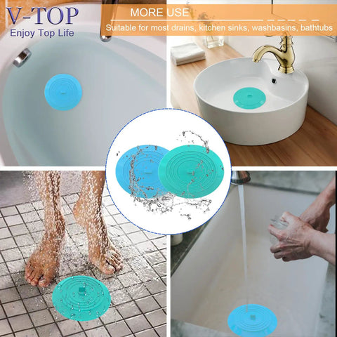 Slick Silicone Tub Stopper Two Pack, 5 Inch Flat Suction Bath Plug With Heavy Grip in blue, used in sinks and bathtubs.