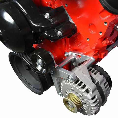 GM LS Truck Iron Block Interior Third Hole Bracket Low Mount Accessory Mount For Alternator And Fuel Pump Replaces Missing Casting Boss Fits Silverado LM7 LQ4 L59 LQ9 LMG L96 LC8 Engines installed on red LS block with alternator