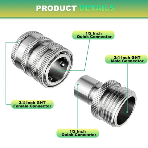 Stainless Steel Garden Hose Quick Connect Fittings Set No Fuss Three Quarter Inch GHT Quick Connectors For Hoses And Sprayers