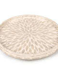 Mother Of Pearl Turntable Organizer Lazy Susan with capiz shell inlay, 12.5 inch, top view showing elegant pattern, white background