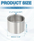 Front view of a 304 stainless steel 2x2 inch female BSPT pipe coupling with 63mm diameter