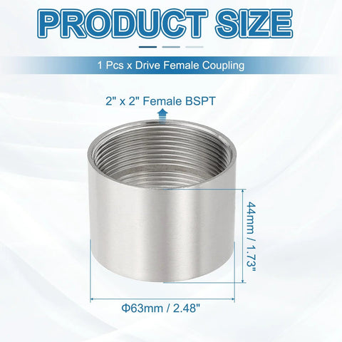 Front view of a 304 stainless steel 2x2 inch female BSPT pipe coupling with 63mm diameter