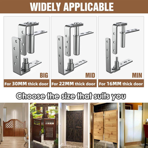 Saloon Door Hinges Double Action Self Closing Heavy Duty No Fuss Swinging Door Hardware For Cafe Doors Two Way Swing 304 Stainless Steel Rustproof Corrosion Resistant 2 Pack shown in different sizes for door thickness