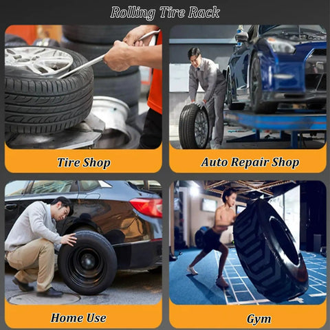 Built Like A Tank Heavy Duty Tire Stand With Smooth Rolling Locking Casters Rust Proof Steel Rack in Tire Shop.