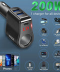 Ride Ready Dual Type C Car Charger Splitter Crushing Charge Bottlenecks By Plugging Straight Into Your 12 Volt Cigarette Lighter Socket With Sleek Led Voltmeter And Easy Toggle Switch For No Stress Device Powering On The Highway. 200W car charger with dual USB ports and voltmeter.