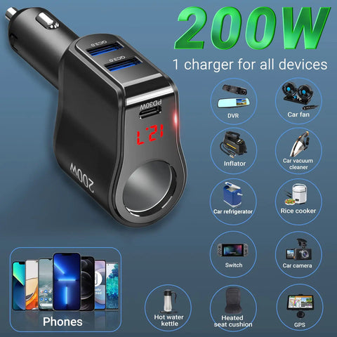 Ride Ready Dual Type C Car Charger Splitter Crushing Charge Bottlenecks By Plugging Straight Into Your 12 Volt Cigarette Lighter Socket With Sleek Led Voltmeter And Easy Toggle Switch For No Stress Device Powering On The Highway. 200W car charger with dual USB ports and voltmeter.