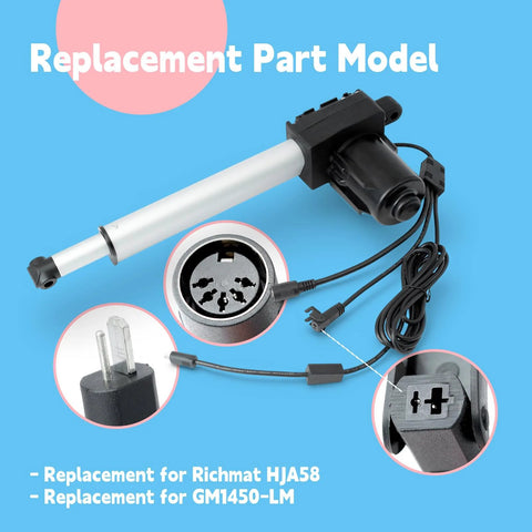 Side view of lift chair actuator: silver rod, black motor housing, power cord; fits Richmat HJA58/GM1450-LM