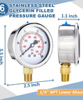 Front view of a 2.5-inch stainless steel glycerin-filled pressure gauge with brass 1/4-in NPT lower mount, IP67 waterproof