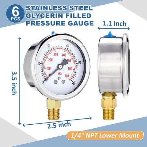 Front view of a 2.5-inch stainless steel glycerin-filled pressure gauge with brass 1/4-in NPT lower mount, IP67 waterproof
