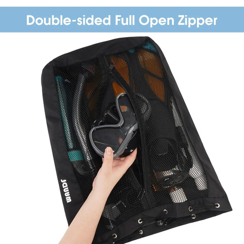 Medium Go-To Swim Bag For Swimmers With Full Open Mesh Beach Backpack Design showing dual zippers and mesh panel