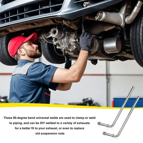 Mechanic working on exhaust system with Beefy 4-Piece 90 Degree Exhaust Hanger Rod Kit, 3/8 x 7.6 Inch Bent Hanger in foreground