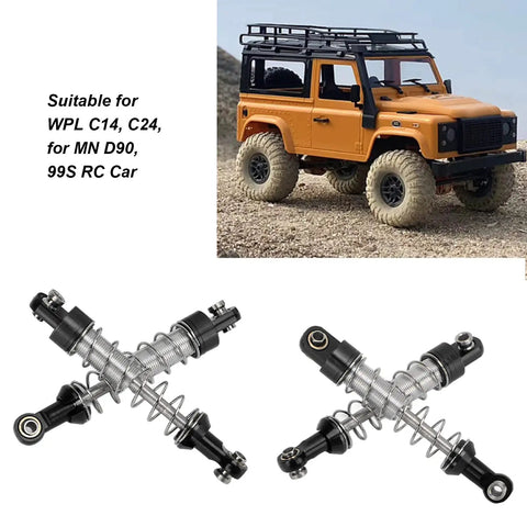 Adjustable Oil Shock Absorbers For 1/18 1/16 RC Crawlers, 4 Piece Metal Black Shocks Upgrade Kit next to orange RC vehicle