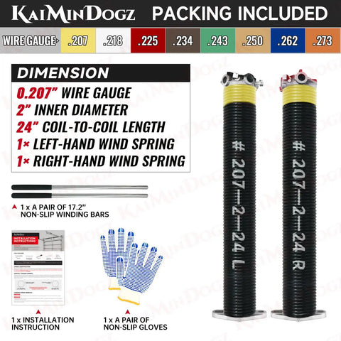 Pair Of 2 Inch Garage Door Torsion Springs Set With Non Slip Winding Bars And Gloves For DIY Friendly Replacement And Quick Installation Black Coated Without Oil 0.207 Inch Wire 2 Inch Inside Diameter 24 Inch Length Min 16000 Cycles