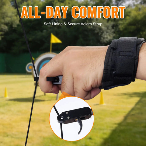 Third Gen Compound Bow Release With 360 Degree Rotatable Wrist Ambidextrous Archery Release close-up in use with wrist strap, outdoors